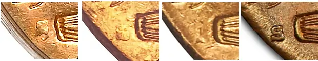 1913-S Half Eagle Mintmarks , two examples of a blob, and a more extreme “shapeless blob, and a sharply defined mintmark