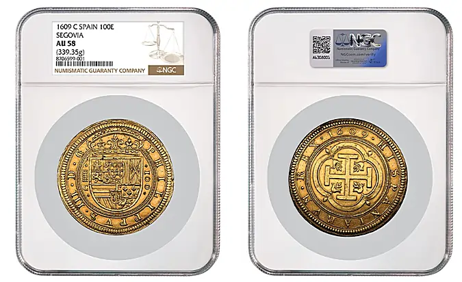 Spain 1609 C Segovia 100 Escudos graded NGC AU 58