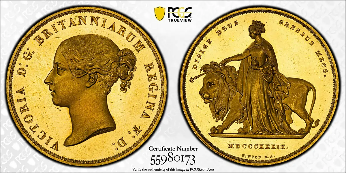 Gold "Una and the Lion" 5 Pounds Pattern, 1839. London Mint. Victoria. PCGS PROOF-62+ Deep Cameo.