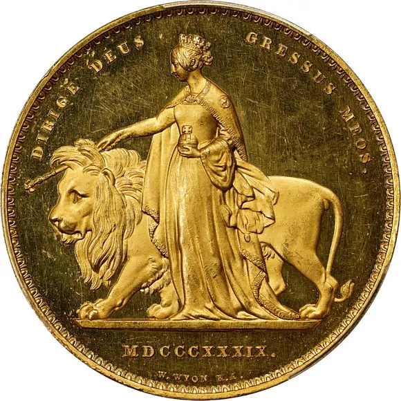 Gold "Una and the Lion" 5 Pounds Pattern, 1839. London Mint. Victoria. PCGS PROOF-62+ Deep Cameo.