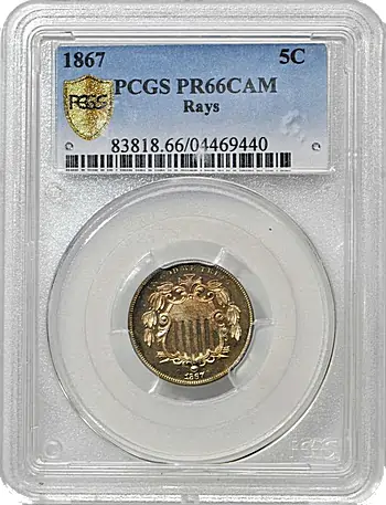 Proof 1867 Shield Nickel With Rays