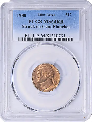 Mint Error 1980 Jefferson Nickel Struck on Cent Planchet PCGS MS-64 RB