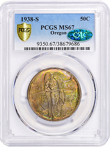 1938-S Oregon Trail Memorial Half Dollar PCGS MS-67 (CAC Green) (Toned)