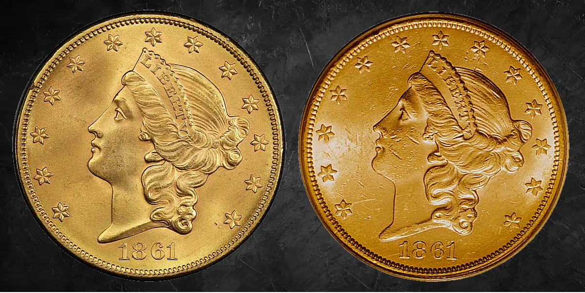 The only Two Known 1861 Paquet Double Eagles Known - Left is the MS-67 and on the right the MS-61
