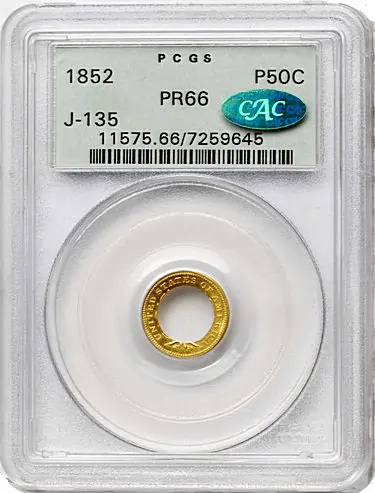 1852 Pattern Annular, or Ring-Form Gold Half Dollar. Judd-135, Pollock-162. Rarity-7+. Gold. Reeded Edge. Proof-66 (PCGS). CAC. OGH.