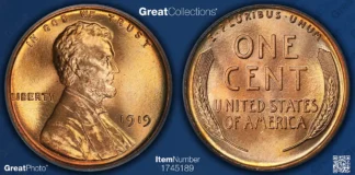 1919 Lincoln Wheat Cent graded PCGS MS-69 RD with a CAC green sticker