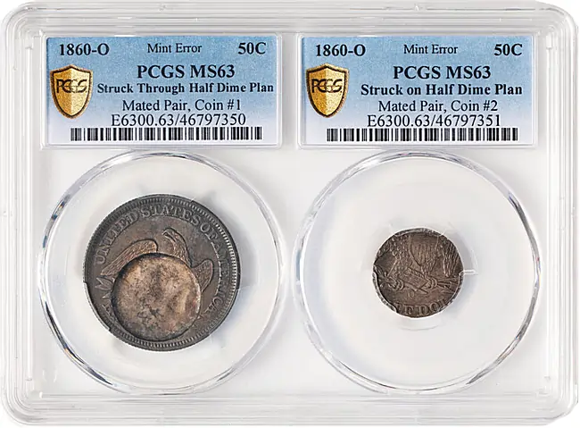 1860-O 50C Half Dollar -- Indented by Half Dime Planchet, Mated Pair -- MS63 PCGS