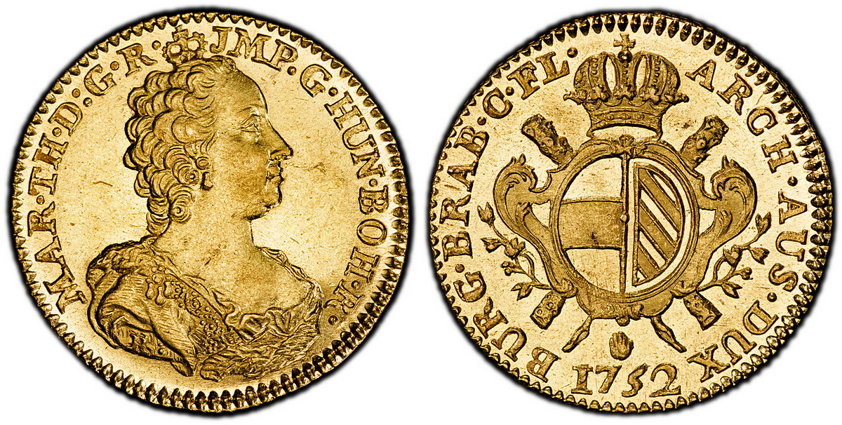 AUSTRIAN NETHERLANDS. Maria Theresa. 1752-(hand) R AV Souverain d'Or. PCGS MS62