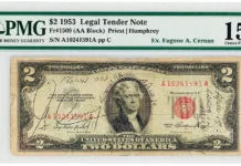 Gemini 9, Apollo 10, and Apollo 17 Lunar Surface-Flown $2 Dollar Bill - From the Personal Collection of Gene Cernan - PMG CF 15