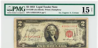 Gemini 9, Apollo 10, and Apollo 17 Lunar Surface-Flown $2 Dollar Bill - From the Personal Collection of Gene Cernan - PMG CF 15