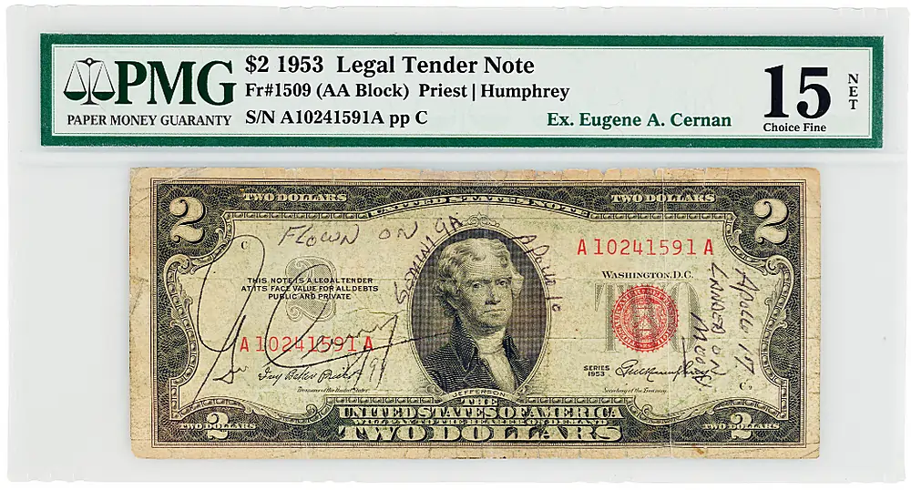 Gemini 9, Apollo 10, and Apollo 17 Lunar Surface-Flown $2 Dollar Bill - From the Personal Collection of Gene Cernan - PMG CF 15