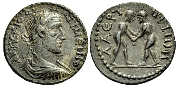 CILICIA. Laertes. Maximinus I, 235-238. 4 Assaria (Bronze, 24 mm, 6.41 g, 12 h). AYT K G ?? ?? - ?????EIN?? Laureate, draped and cuirassed bust of Maximinus I to right, seen from behind. Rev. ????? - ???W? Two wrestlers beginning to grapple. RPC VI Online, 6951. Extremely rare, only a single example -in the Fitzwilliam - was hitherto known; the present piece is much better preserved. Slightly double struck on the obverse, otherwise, good very fine.Nomos  Auction 32 8 June 2024 Lot: 100 realized: $1,338