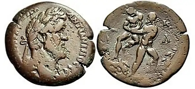 EGYPT. Alexandria. Antoninus Pius, 138-161. Drachm (Bronze, 32.5 mm, 18.01 g, 12 h), year ?? = 24 = 160/1. [??]??? ????? - ???W????? ?? [??] Laureate bust of Antoninus Pius to right, slight drapery on his left shoulder. Rev. L - ?/? Heracles standing facing, his head to left, grabbing Antaeus with his two hands and lifting him off the ground; to right, club and lion skin; below Antaeus, rocky ground. Dattari 2603. Köln -. RPC IV.4, 2198.2 (this coin). Very rareThe Anthony Milavic Collection of Ancient Games Coins. 
Nomos Auction 32 8 June 2024 Lot: 125 realized: $4,238 