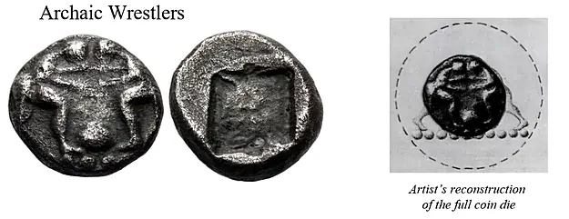 Uncertain mint. Early-mid 5th century. trihemiobol (Silver, 9.5 mm, 0.94 g). Two wrestlers about to grapple with each other, their arms extended and their hands touching; between them, cauldron; below, dotted ground line. Rev. Rough incuse square. Extremely rare, and possibly unique. Porous. Nearly very fine.From the collection of Major Anthony F. Milavic, USMC (Ret.),Nomos Auction 32   8 June 2022  Lot: 93   realized: $2,231
Nomos Auction 32 8 June 2024 Lot: 93 realized: $2,231