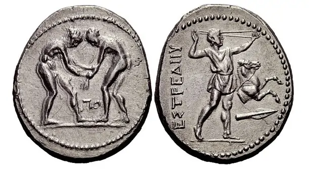 Aspendus Stater circa 420-370, AR 10.48 g. Two wrestlers grappling; in lower middle field, ?O. Rev. ESTFE?IIY Slinger standing r.; in r. field, forepart of horse above spearhead. Boston 2101 (these dies).Numismatica Ars Classica Auction 59 4 April 2011 Lot: 636 realized: $2,174