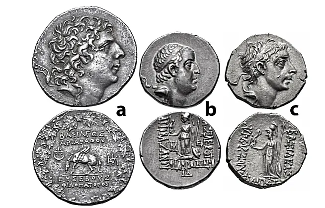 Figure 6. Coinage connected to Ariarathes VIII and Ariarathes IX, including Antiochos VII-style tetradrachms, Athena drachms, and the exceptional Pegasos reverse.
