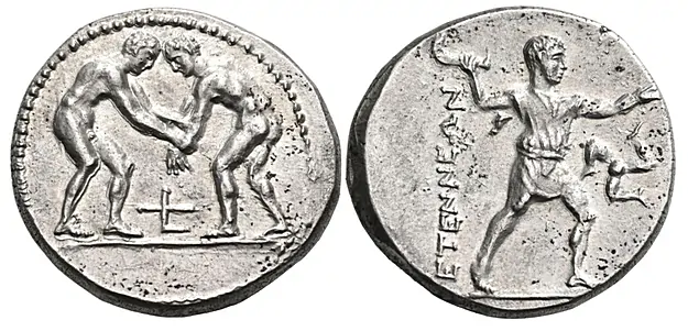 Etenna. Circa 320-280 BC. Stater (Silver, 25 mm, 10.79 g, 12 h). Two wrestlers grappling, the one on the left grasping the wrists of the one on the right; between them, linear symbol. Rev. ??????O? Male figure striding to right, wearing short, hunting dress, preparing to hurl a sickle-shaped knife held in his right hand and extending his left before him; in field to right, triskeles to left. Of great rarity, missing from all major collections. With a fascinating reverse type, the best known example. Extremely fine.Nomos Auction 28 22 May 2023 Lot: 1232 realized: $9,422 