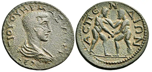 Maximus, as Caesar, 235-238. Diassarion (Bronze, 25 mm, 5.76 g), Aspendus in Pamphylia. G ??? ???? ??????C ???-C?? Draped and cuirassed bust of Maximus to right; on his forehead, illegible countermark in a circular indent. Rev. ?C?E???O? Two wrestlers beginning to grapple with each other. RPC online 6330. SNG Leypold 1804. Rare, the seventh known example. An interesting and attractive coin, with a dusty, rough patina. Some pitting. Good very fine.Nomos  Auction 21 21 November 2020 Lot: 336 realized: $1,206