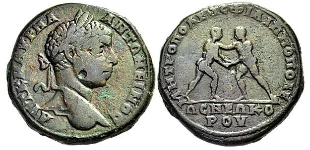 THRACE. Philippopolis. Elagabalus, 218-222. 5 Assaria (Bronze, 28 mm, 18.03 g, 7 h). ??? ? ? ????? - ???O?????? Laureate head of Elagabalus to right. Rev. ?????????O? F??????????//O? ??O??/??? Two nude wrestlers facing each other and grappling; the one on the left grasping, with both of his hands, his opponent's left hand, and the one on the right, grasping his opponent's left shoulder. BMC 44 Clear and well-centered, with a brown-green patina. Very fine.From the collection of Major Anthony F. Milavic, USMC (Ret.)
Nomos Auction 32 8 June 2024 Lot: 104 realized: $245 