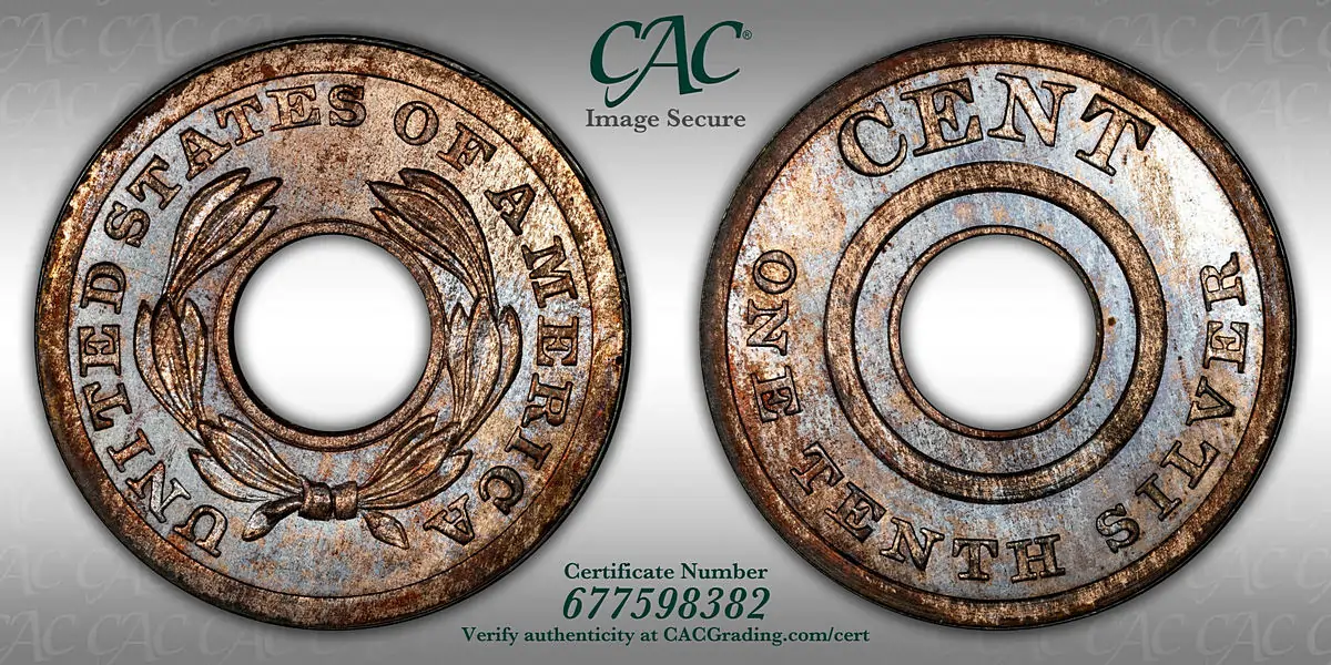 Undated (1851) Pattern Annular, or Ring-Form Cent. Judd-127 Original, Pollock-149. Rarity-6-. Billon. Plain Edge. With Central Perforation. MS-65 (CACG).