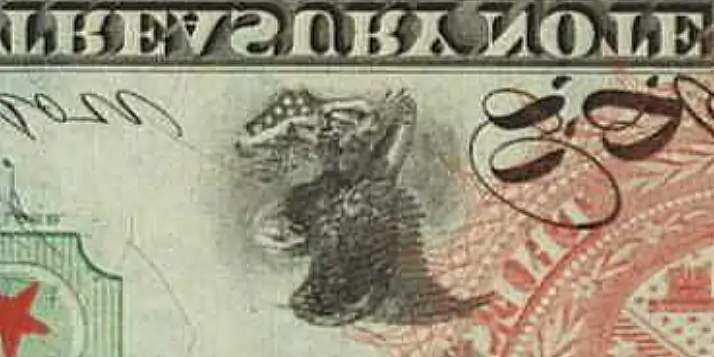 Detail image of inverted eagle “Jackass” illusion on the 1869 $10 Legal Tender Note