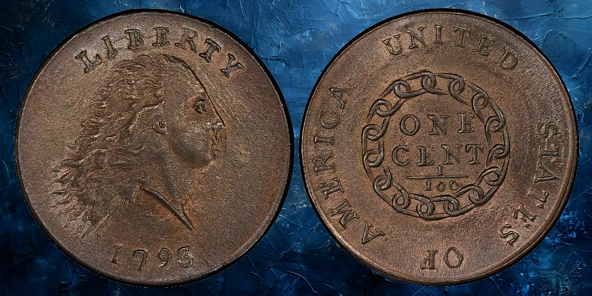 1793 Flowing Hair Cent. Sheldon-3. Rarity-3-. Chain, AMERICA. No Periods. Mint State-65 RB (PCGS).