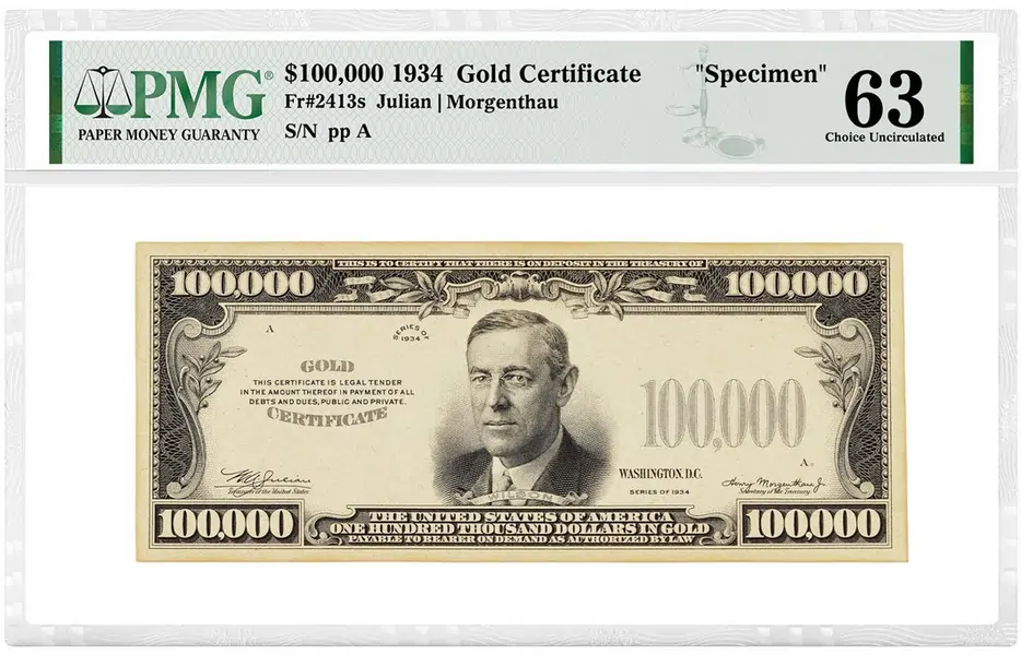 The Only 1934 $100,000 Gold Certificate in Private Hands