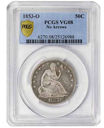 1853-O Seated Liberty Half Dollar No Arrows PCGS VG-08 - One of only 4 Known