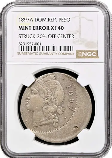 1897-A Dominican Republic Peso struck 20% off center