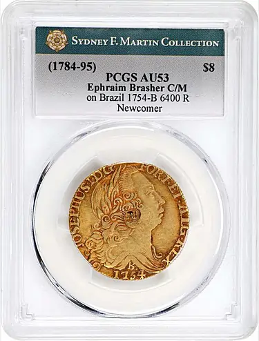 (ca. 1784) New York. Ephraim Brasher (EB) Regulated Brazil 1754-B 6400 Reis. AU-53 (PCGS).