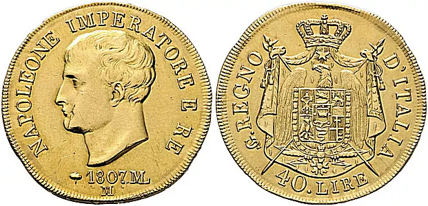 1807 gold pattern 40 lire depicts Napoleon I as Emperor of the French and King of Italy