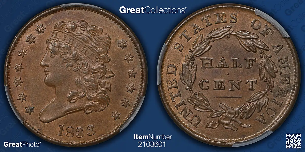 CACG-graded MS-61 1833 half cent