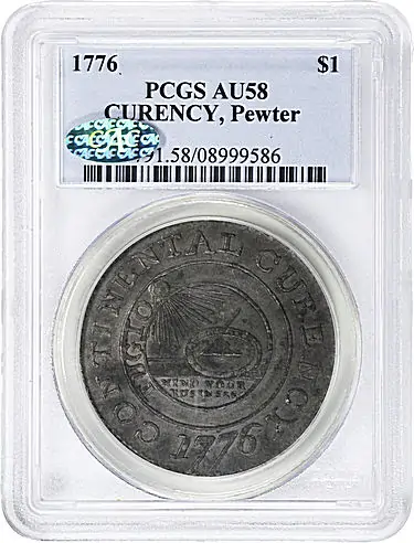 1776" (1783) Continental Dollar. Newman 1-C, W-8445. Rarity-3. CURENCY. Pewter. AU-58 (PCGS). CAC.