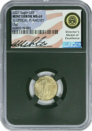 Mint Error 2023 $5 Tenth-Ounce Gold American Eagle Elliptical Panchet (3g) NGC MS-69