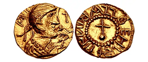 Eadbald. King of Kent, 616-640. Gold Thrymsa – Shilling (11mm, 1.27 g,). London mint. AVD[VABLD RE]GE(S) (S retrograde), diademed and draped bust right; cross to right / + TINVII(R)AZZOEHV(S) (R inverted, retrograde; S retrograde), cross on globe within beaded circle. North 29