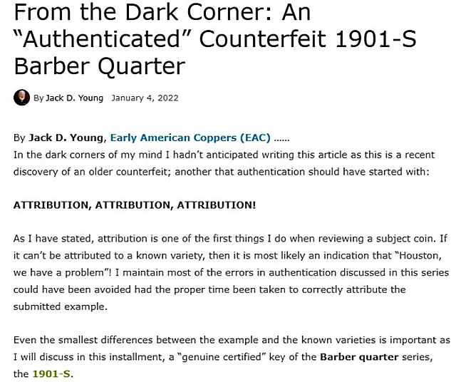 “Authenticated” Counterfeit 1901-S Barber Quarter By Jack D. Young – The Dark Side Group