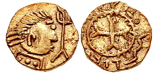 ANGLO-SAXON, Substantive Gold Phase. Circa 630-650. AV Thrymsa – Shilling (11mm, 1.30 g). Witmen-derived I type. Mint in Kent(?). Head right with three diadem ends and two-banded collar with pellets; to right, trident with split base / Cross fourchée; blundered legend around. North 25