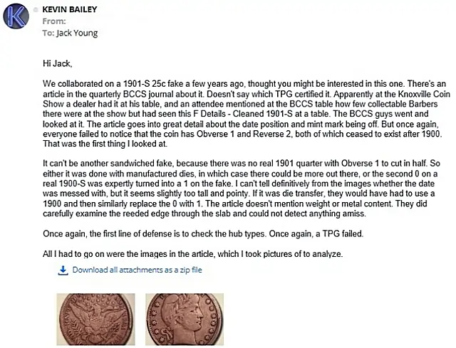 “Authenticated” Counterfeit 1901-S Barber Quarter By Jack D. Young – The Dark Side Group