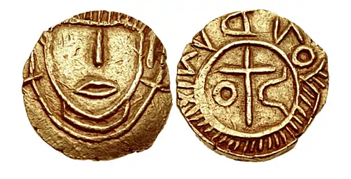 ANGLO-SAXON, Substantive Gold Phase. Circa 630-650. AV Thrymsa (11mm, 1.34 g,). London mint. Crude facing bust; crosses flanking / Cross; O to left, C- shaped symbol to right; LONDVNIV (retrograde)., North 21