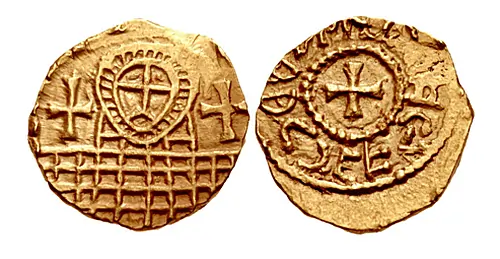 ANGLO-SAXON, Substantive Gold Phase. Circa 620-645. AV Thrymsa – Shilling (12.5mm, 1.34 g,). 'York' type. Half-length figure facing, with stylized face; crosses flanking /, cross pattée within beaded circle. North 27; SCBC 762.