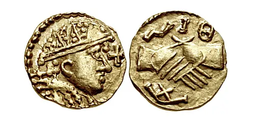 ANGLO-SAXON, Pale Gold Phase. Circa 650-675. AV Thrymsa (12mm, 1.29 g, 9h). Type II.i ('Concordia' or 'Clasped hands'). Radiate bust right / Clasped hands; NIB (B retrograde) above, A below. North 16; SCBC 765. One of only four known, one of two in private hands. 