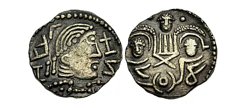 ANGLO-SAXON, Pale Gold Phase. Circa 640-665. Thrymsa – Shilling (12mm, 1.22 g,). 'Two Emperors' type. Mint in East Anglia (South Suffolk). Diademed and draped bust right; pseudo legend around / Two small busts facing; above, Victory with wings enfolding the figures; pellet to each side of Victory's head. North 20; SCBC 767;