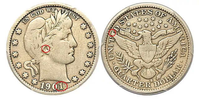 “Authenticated” Counterfeit 1901-S Barber Quarter By Jack D. Young – The Dark Side Group