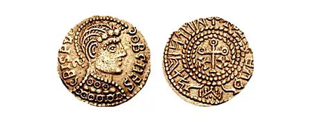 ANGLO-SAXON. 'Crispus' Issue. Circa 660-670 AD. Pale gold Thrymsa (1.33 gm;). London mint. CBISPVO COB CAES, helmeted and draped bust right, helmet shown as a crest over "corn-rowed" hair / +RASEAC, and in Runic script, DELAIONA (of London), crude wreath enclosing a cross on a base, limbs terminating in pellets-in-annulets, two crosses in the lower quarters; in exergue, uncertain (Runic?) symbol. North 18; SCBC 764.
