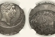 1830 French 5 francs off-center error