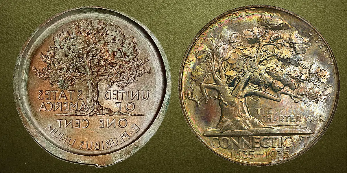 LEFT - 1952 Cent Pattern Plaster Model of the Reverse .... RIGHT - 1935 Connecticut Tercentenary Half Dollar Oak Tree Obvere