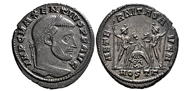 Maxentius, 307-312. Follis (Bronze, 26 mm, 6.70 g,), Ostia, 308-309. IMP C MAXENTIVS P FAVG Laureate head of Maxentius to right. Rev. AETE-RNITAS A-VG N / MOST Γ Dioscuri standing facing, heads turned toward each other, each holding bridle of horse in right hand and scepter in left; between them, she-wolf standing left, head to right, suckling the twins Romulus and Remus. Drost 17d. RIC 16. A very well struck and nicely centered piece. Extremely fine.