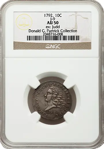 1792 P10C Silver Disme, Judd-9, Pollock-10 AU50 NGC.