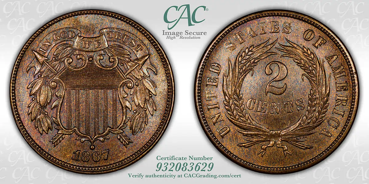 1867 Two Cent Piece with Double Die Obverse