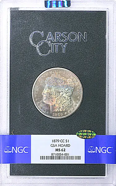 1879-CC Morgan Silver Dollar GSA Hoard NGC MS-62 (CAC Green) (Toned) (GSA Holder)
